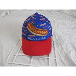 Andrew Christian Hot Dog Logo Trucker Snapback Adj Baseball Hat/Cap Blue & Red
